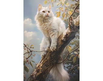 Cool white cat sitting on the brach of the tree oil painting on canvas wall art print. Beautiful pet animal home decor for cet lover gift.
