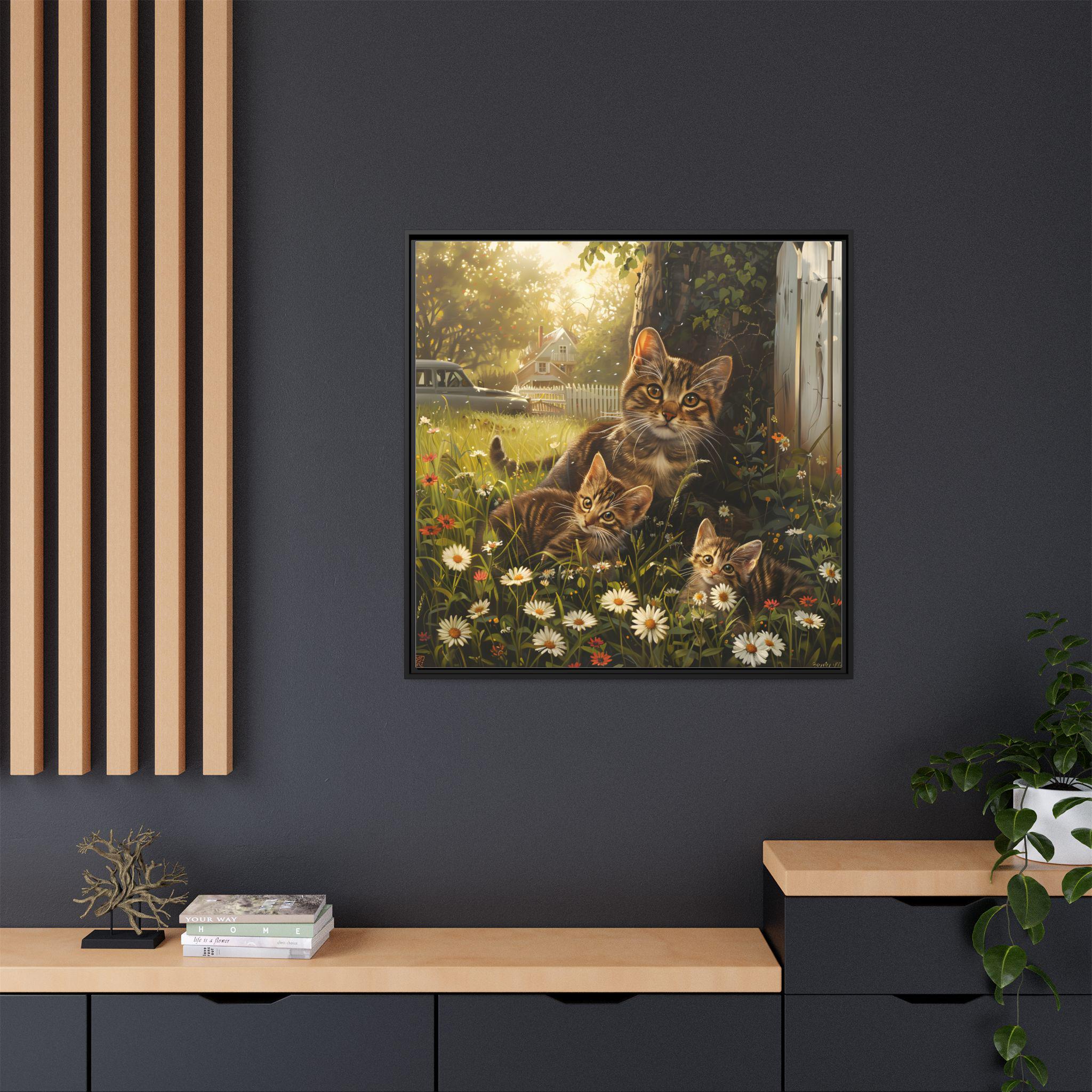 裏庭の花の上にいる母猫と 2 匹の子猫を描いた油絵。キャンバス