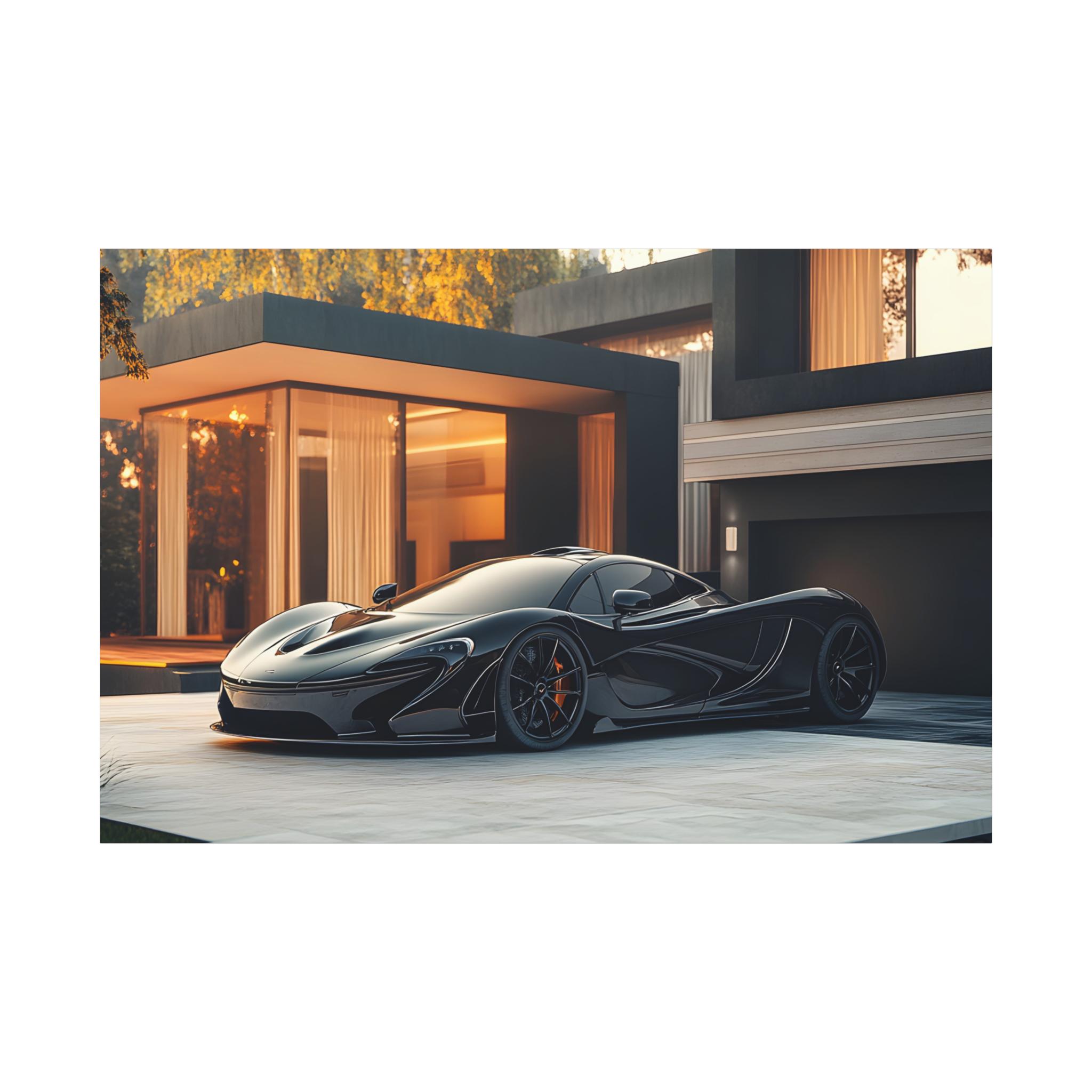 Cool black mclaren p1 car on the house on canvas wall art print.Classic Canvas. Photo of mclaren p1 supercar on front yard for home decor.
