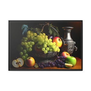 Uva e mele Frutta sul vaso di metallo Dipinto a olio su tela Stampa artistica. Bellissimo dipinto di natura morta per la decorazione della parete.