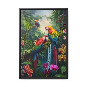 Parrots on a tree branch with orchid flowers on tropical forest of oil painting on canvas wall art print. Nice parrot bird for home decor.