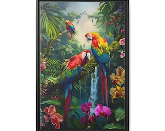 Parrots on a tree branch with orchid flowers on tropical forest of oil painting on canvas wall art print. Nice parrot bird for home decor.