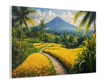 美しい黄色の田んぼの風景油絵、バリ島の山々を描いたキャンバス壁
