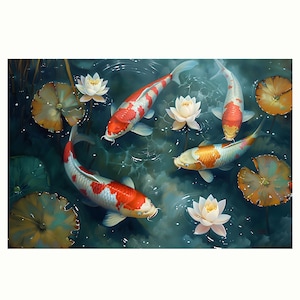 4 beautiful koi fish swimming in the pond oil painting on canvas wall art print. Red white big koi fresh water fish painting for home decor.