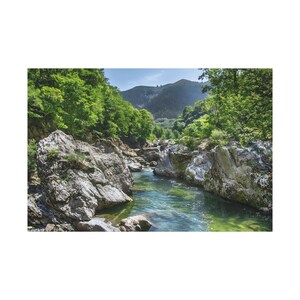 River Flows Between The Big Rocks On The Mountain On Canvas Wall Art Print.  River Splits The Forest For Home Decor And Office.