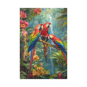 3 parrots on the front of waterfall on the forest of oil painting on canvas wall art print. Beautiful parrot bird painting for home decor.