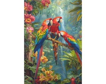 3 parrots on the front of waterfall on the forest of oil painting on canvas wall art print. Beautiful parrot bird painting for home decor.