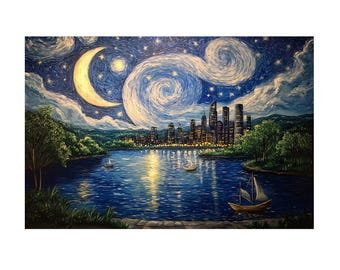 Big City at the Night on the River Landscape on Van Gogh Style Oil Painting On Canvas Wall Art Print, Gift for Art Lovers, Home Decor Poster