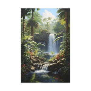 Small Tropical Waterfall On The Forest Oil Painting On Canvas Wall Art Print. Beautiful Waterfall On River On Poster for Home Decor.