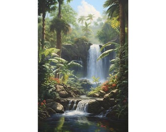 Small Tropical Waterfall On The Forest Oil Painting On Canvas Wall Art Print. Beautiful Waterfall On River On Poster for Home Decor.