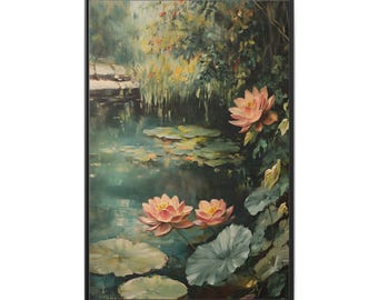 Wall Art Print, Amazing Lotus Flowers Poster on The Water, Oil Painting, Flower On The Pond Picture, Matte Canvas Artwork, Framed Art Decor