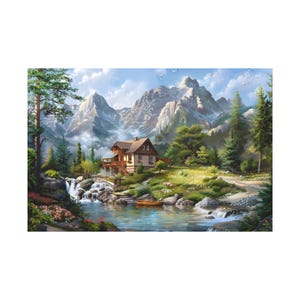 A beautiful house and landscape on the river on the mountain of oil painting on canvas wall art print. Landscape painting for home decor.