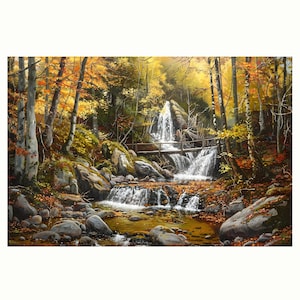 Beautiful river and a bridge on autumn forest landscape oil painting on canvas wall art print. Art of oil painting landscape of waterfall.