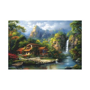 High quality landscape oil painting on canvas wall art print. Beautiful house on the river on tropical forest painting for home decor.