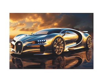 Gold Bugatti Chiron On the Road and Sunset On Classic Canvas. Cool Bugatti Chiron Super Car Poster Wall Art Good For Home Decor