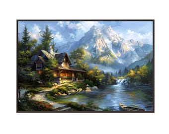 【美術品】山と川の自然・風景油彩絵 川沿いの素晴らしい大きな家と山々の風景を描いた油絵のキャンバス