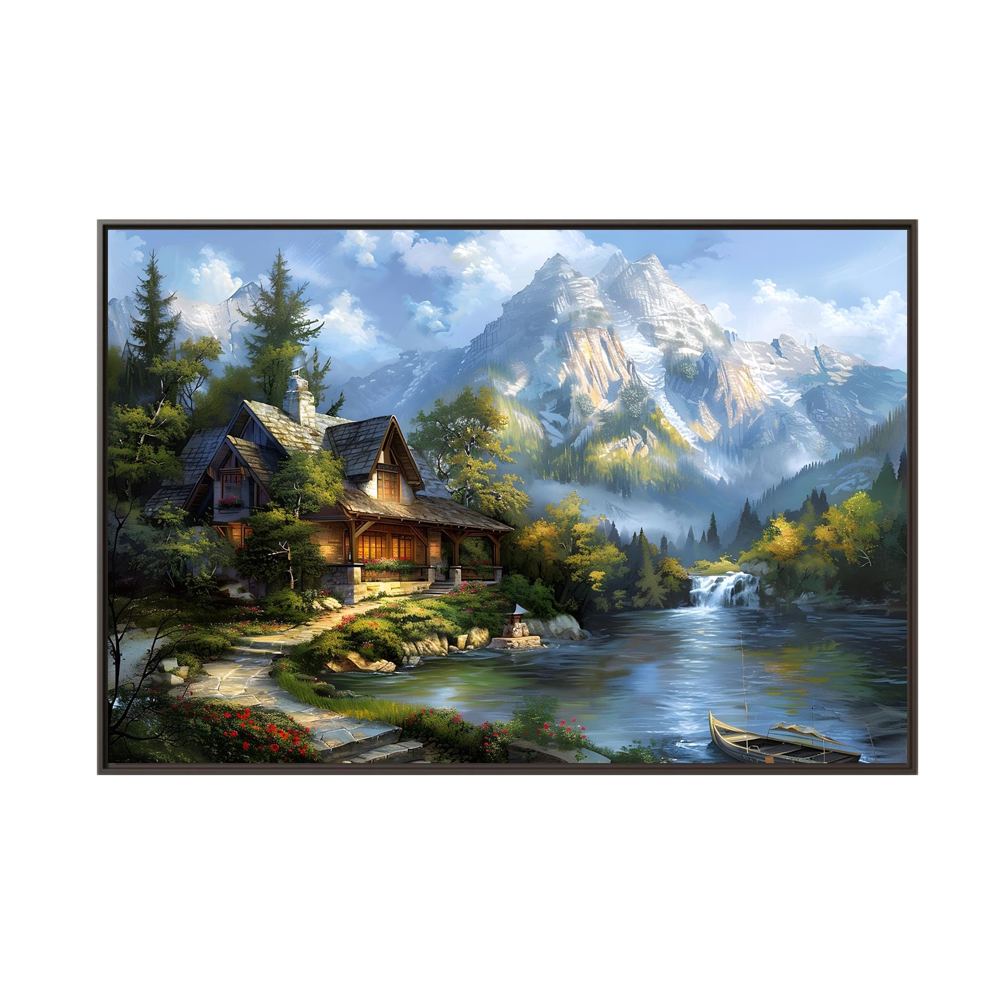 川沿いの素晴らしい大きな家と山々の風景を描いた油絵のキャンバス
