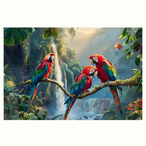 Parrots on the tree branch on waterfall zone at morning of oil painting on canvas wall art print. Cool colorful parrot bird for home decor.