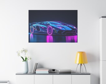 ランボルギーニ・アヴェンタドールのスーパーカーを青いネオンカラーで