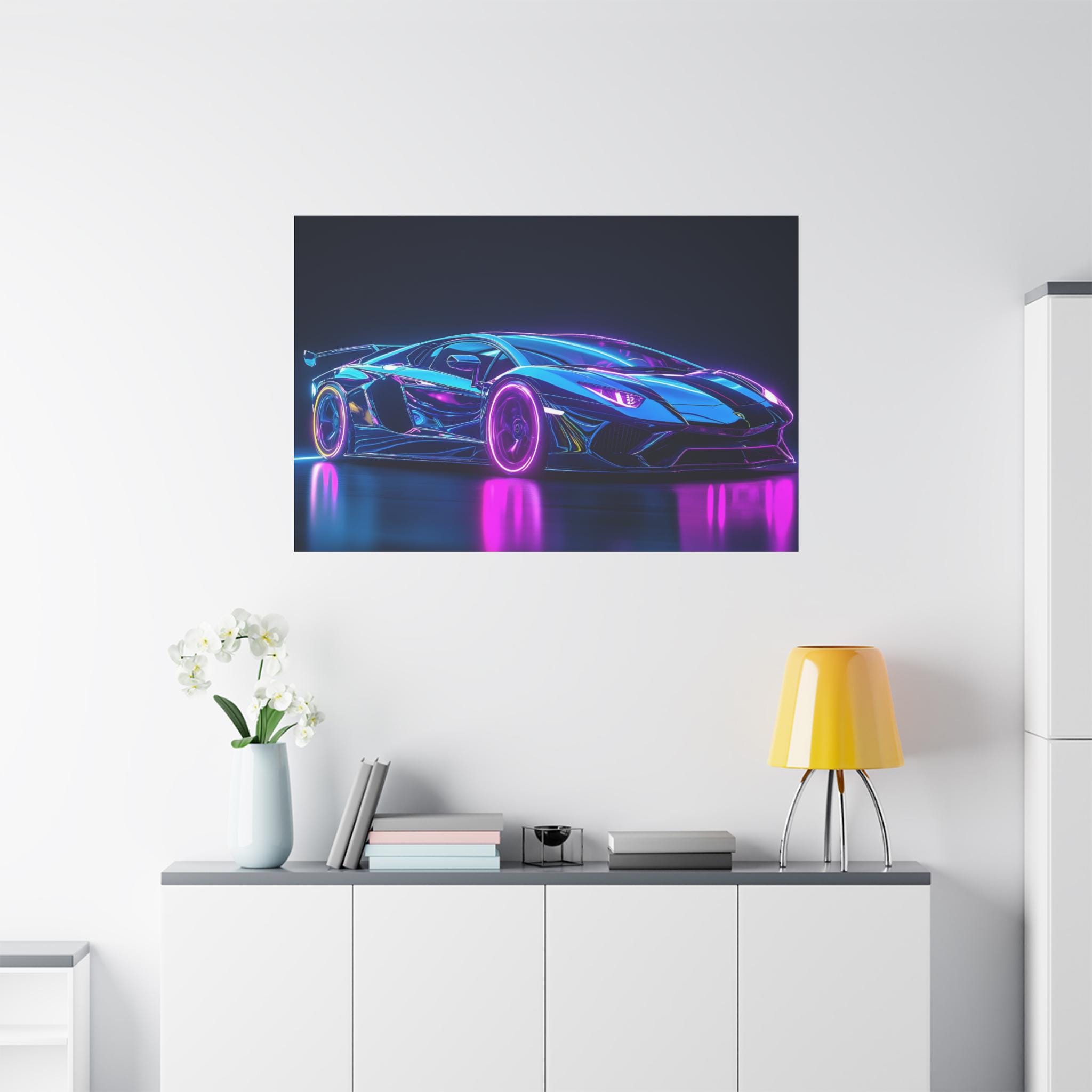 ランボルギーニ・アヴェンタドールのスーパーカーを青いネオンカラーで