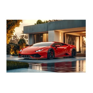 Tres hermosos Lamborghini Huracán estacionados en la casa. Descarga arte mural digital. Foto de un superdeportivo Lamborghini Huracán para decorar el hogar.