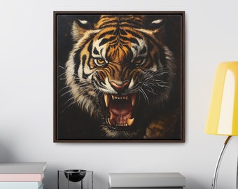 キャンバスに油絵で描いた咆哮する虎のウォールアート。クールな虎を