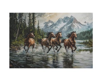 Canvas Wall Art Print, Horses Running on the River, Animal Oil Painting Decor, Horse Lover Gift, Nature Landscape Artwork, Home Decor Accent