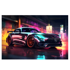 Mercedes AMG Gt R on Neon Light On Digital Download Wall Art. Cool Mercedes AMG Supercar Poster For Home Decor. Jpg