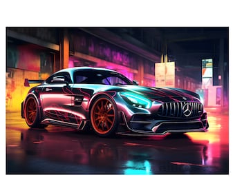 Mercedes AMG Gt R on Neon Light On Digital Download Wall Art. Cool Mercedes AMG Supercar Poster For Home Decor. Jpg