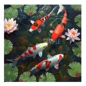 4 koi fish swimming in the pond with lotus on oil painting on digital wall art. Beautiful Koi fish painting for home decor. Feng shui.