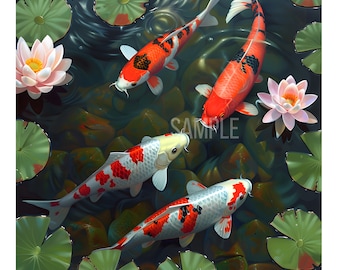 4 koi fish swimming in the pond with lotus on oil painting on digital wall art. Beautiful Koi fish painting for home decor. Feng shui.