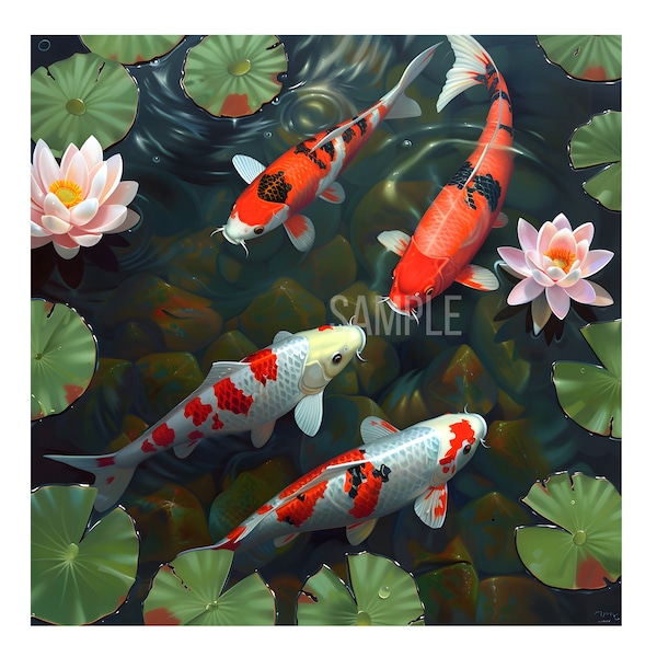 4 koi fish swimming in the pond with lotus on oil painting on canvas wall art print. Beautiful Koi fish painting for home decor. Feng shui.