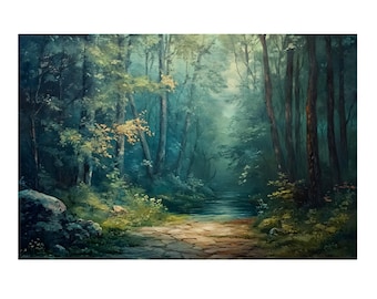 Vintage Forest and Small River Oil Painting On Wall Art Print Poster, Matte Canvas, Home Decor, Nature Art, Landscape Poster, Gift Idea