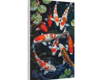 裏庭の澄んだ池に浮かぶ9匹の鯉を描いた油絵コレクション。キャンバス