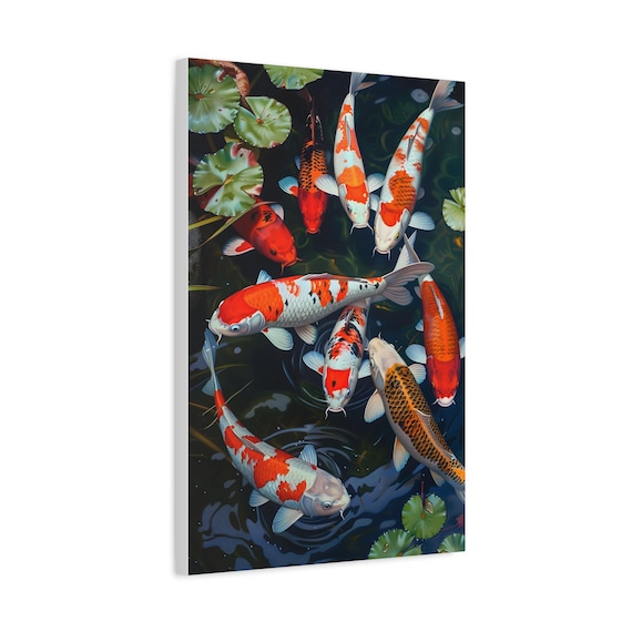 裏庭の澄んだ池に浮かぶ9匹の鯉を描いた油絵コレクション。キャンバス