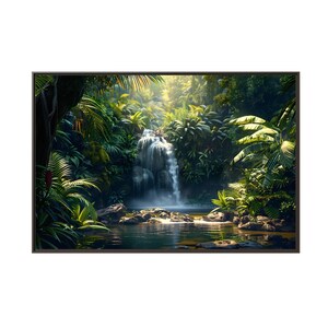 River & beautiful waterfall view on tropical forest at the morning on canvas wall art print. A photo of small waterfalls for home decor.