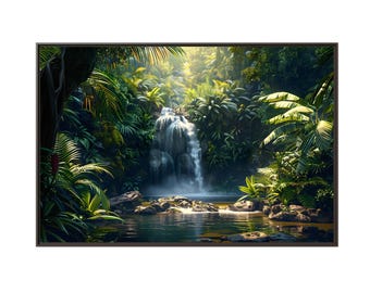 River & beautiful waterfall view on tropical forest at the morning on canvas wall art print. A photo of small waterfalls for home decor.