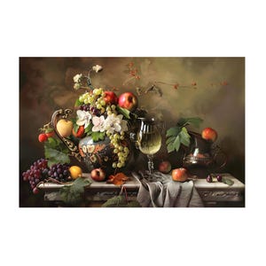Flowers and fruits on the table still life oil painting on canvas wall art print. Grape, apple fruit and wine for home decor. Gift for her.
