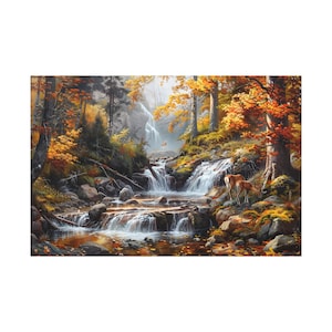 Beautiful waterfall on autumn forest landscape oil painting on canvas wall art print. Art of oil painting landscape of a river on mountain.