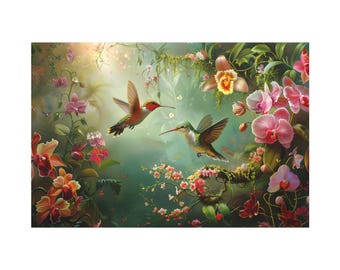 Amazing orchid flowers on tjhe forest and hummingbirds of oil painting on canvas wall art print. Hummingbird painting gift for bird lover.