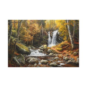 Amazing small river landscape oil painting on canvas wall art print. Nice art of oil painting landscape of waterfall on autumn forest.