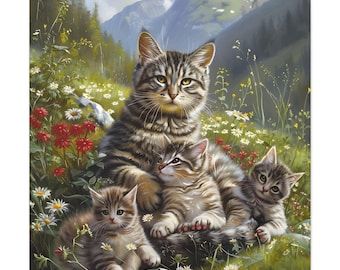 Mother cat and 3 kitten on flower field on mountain oil painting on canvas wall art print. Amazing view of cat painting for pet lover gift.