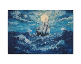 Paisaje marino con olas y barco, pintura al óleo estilo Van Gogh sobre lienzo, impresión artística para pared, decoración del hogar, temática náutica oceánica, decoración de casa de playa costera.
