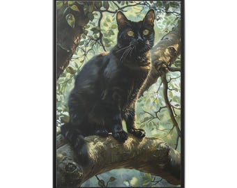 Nice black cat standing on the tree branch oil painting on canvas wall art print. Cool black pet painting as home decor for cat lover gift.