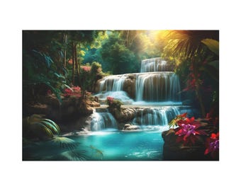 Tropical Waterfall Canvas. Amazing view of blue waterfall and pond on the forest for wall art print. Water fall flower photo for home