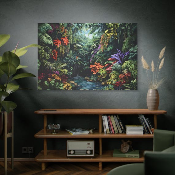 キャンバスプリント、熱帯ジャングルの熱帯雨林の植物、油絵ウォール