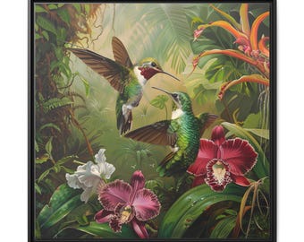Amazing green hummingbirds & orchid flower of oil painting on canvas wall art print. Hummingbird in forest gift for bird Lover. Square frame
