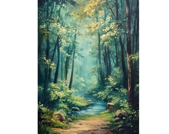 A smalll River on Tropical Deep Forest Oil Painting Wall Art Digital Download. Beautiful Forest and River Poster for Home Decor.