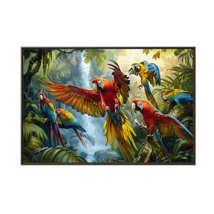 A red parrot flaps its wings to land on a branch in the waterfall zone of oil painting on canvas wall art print. Parrots bird for home decor