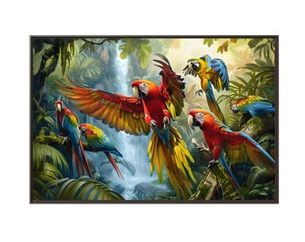 A red parrot flaps its wings to land on a branch in the waterfall zone of oil painting on canvas wall art print. Parrots bird for home decor